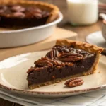 A slice of brownie pecan pie with glossy pecan topping on a plate.