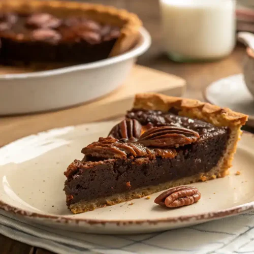 A slice of brownie pecan pie with glossy pecan topping on a plate.