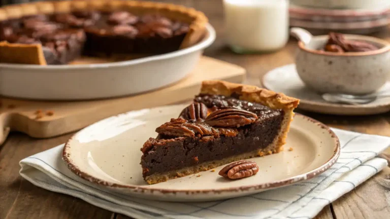 A slice of brownie pecan pie with glossy pecan topping on a plate.