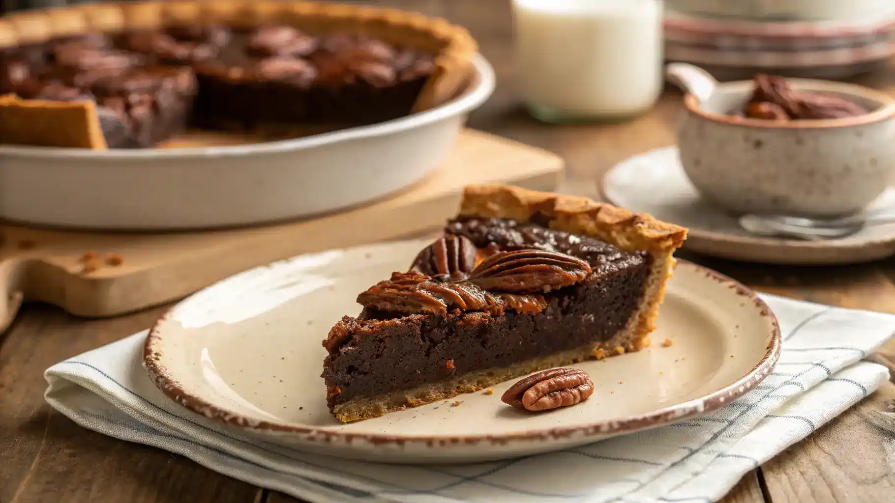 A slice of brownie pecan pie with glossy pecan topping on a plate.