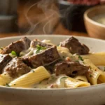Cajun steak tips on rigatoni pasta in creamy Parmesan sauce