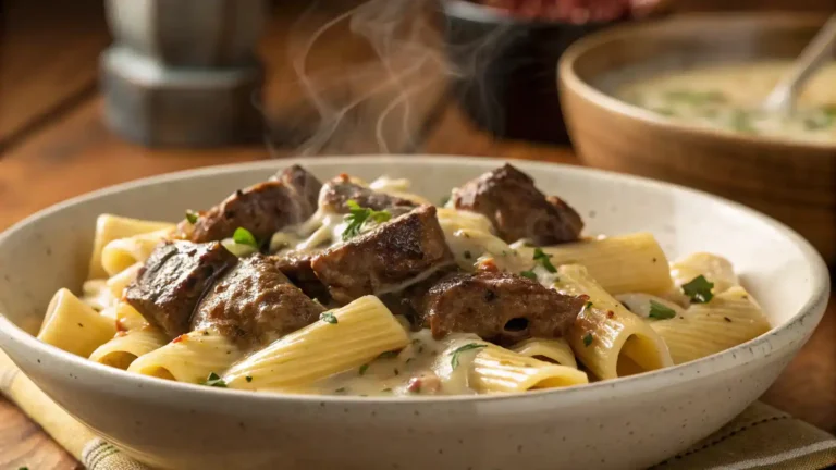 Cajun steak tips on rigatoni pasta in creamy Parmesan sauce