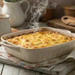 Golden baked cheesy hashbrown casserole in white baking dish