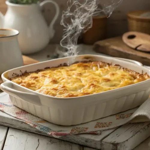 Golden baked cheesy hashbrown casserole in white baking dish