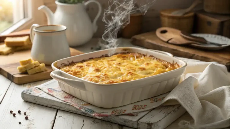 Golden baked cheesy hashbrown casserole in white baking dish