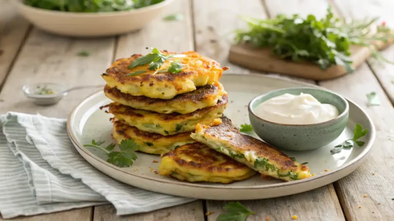 A stack of crispy cheesy vegetable fritters with a dipping sauce