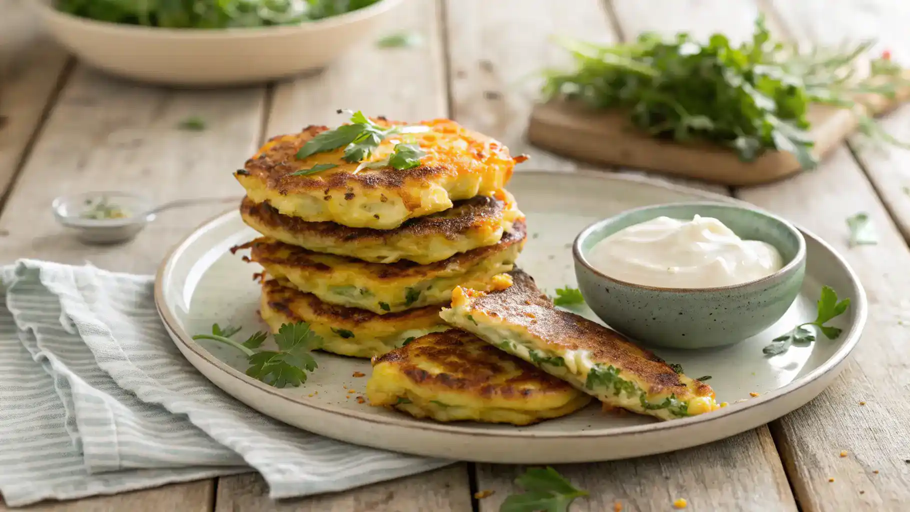 A stack of crispy cheesy vegetable fritters with a dipping sauce