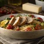 Chicken sausages with zucchini, tomatoes, and pasta in a bowl