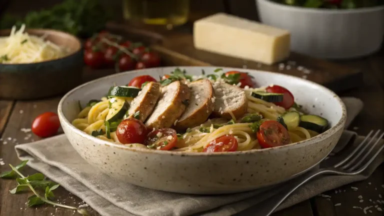 Chicken sausages with zucchini, tomatoes, and pasta in a bowl