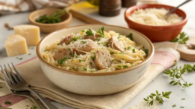 Creamy Chicken Sausage Orzo served in a ceramic bowl with parmesan