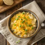 Crockpot cheesy potatoes served in a rustic bowl with melted cheese and green onions
