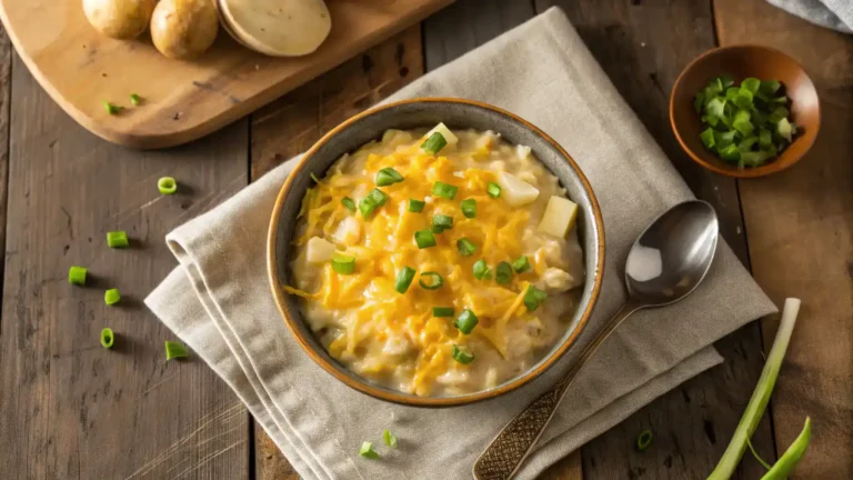 Crockpot cheesy potatoes served in a rustic bowl with melted cheese and green onions