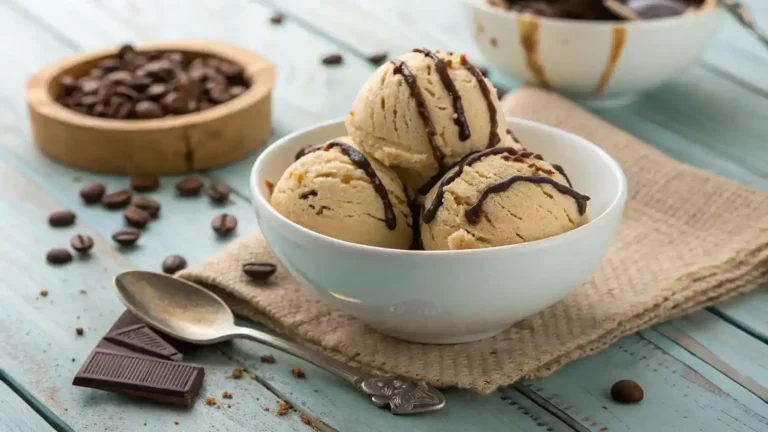 Bowl of creamy coffee ice cream with chocolate drizzle