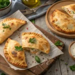 Golden Chicken Alfredo Air Fryer Calzones sliced open on wooden table