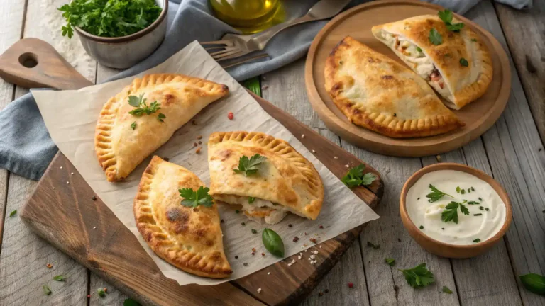 Golden Chicken Alfredo Air Fryer Calzones sliced open on wooden table