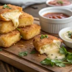 Crispy fried cheese bites with dipping sauces on a wooden platter