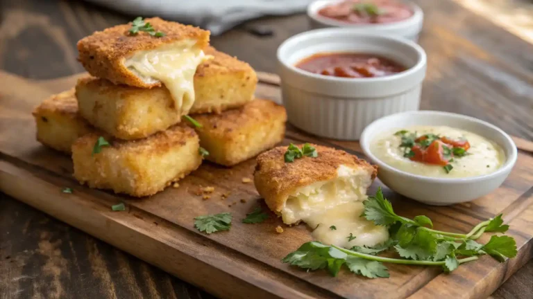 Crispy fried cheese bites with dipping sauces on a wooden platter
