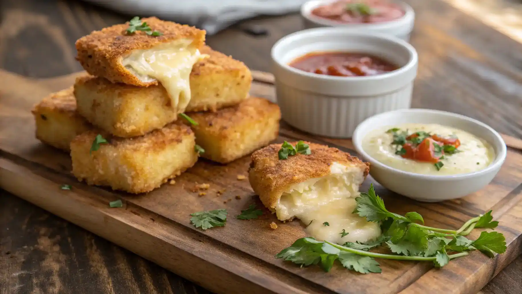 Crispy fried cheese bites with dipping sauces on a wooden platter