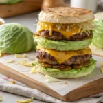 Oven-baked cabbage burgers stacked with melted cheese