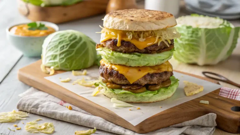 Oven-baked cabbage burgers stacked with melted cheese
