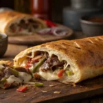 Philly Cheesesteak Stromboli Roll-Up sliced with gooey cheese and steak