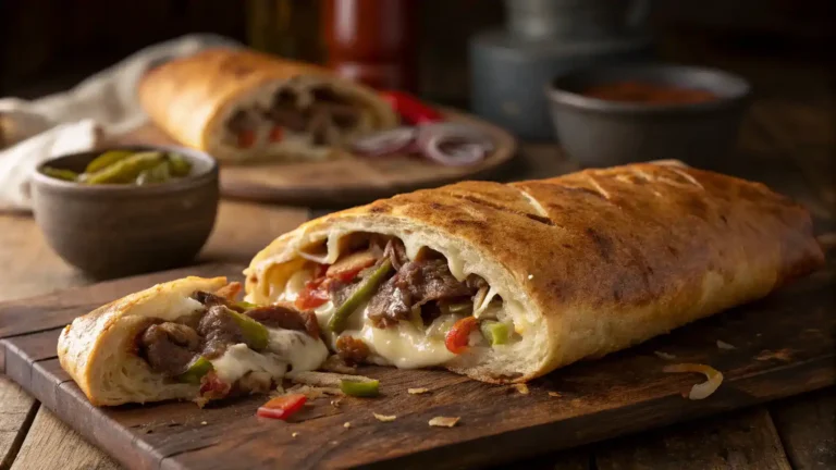 Philly Cheesesteak Stromboli Roll-Up sliced with gooey cheese and steak