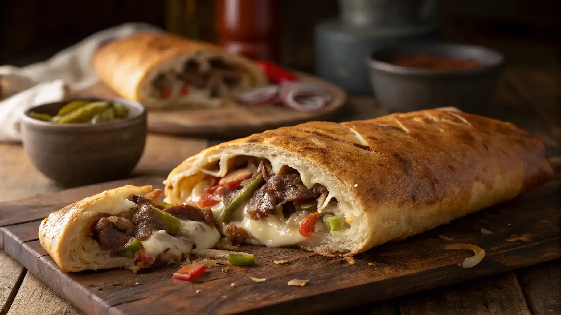Philly Cheesesteak Stromboli Roll-Up sliced with gooey cheese and steak