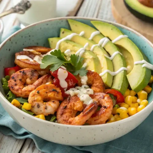 Grilled shrimp bowl with avocado, corn salsa, and garlic sauce
