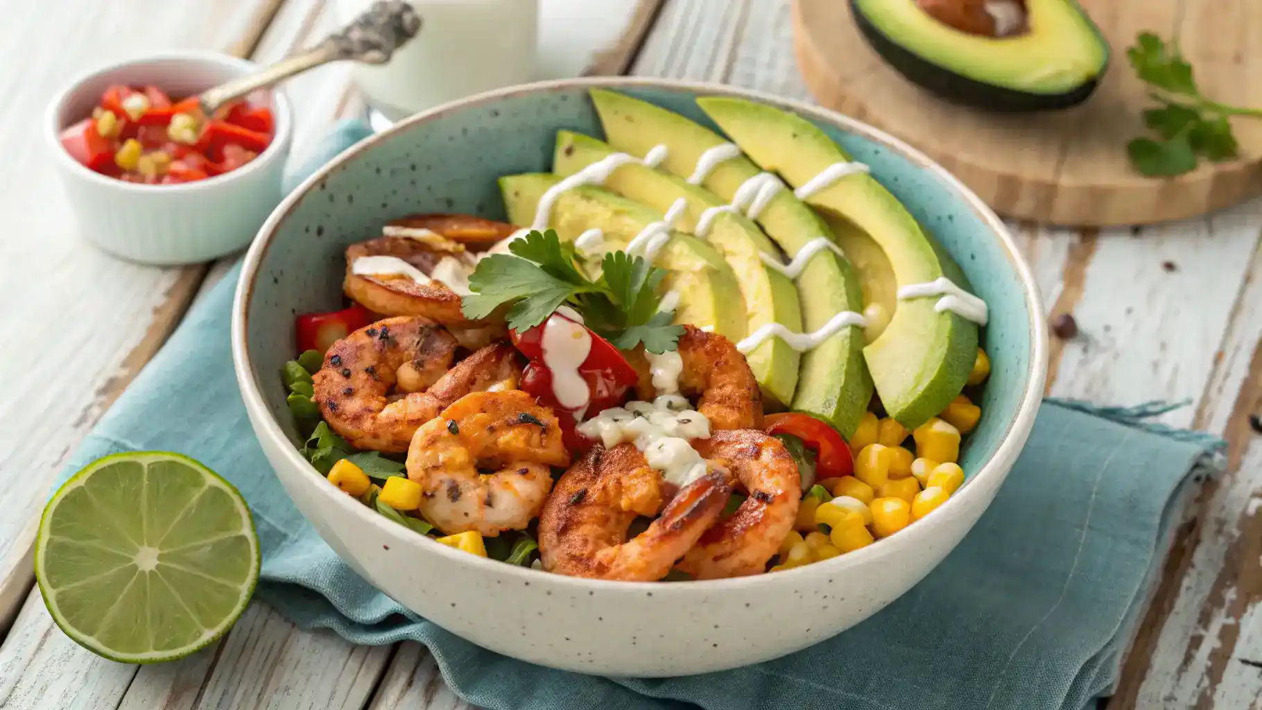 Grilled shrimp bowl with avocado, corn salsa, and garlic sauce