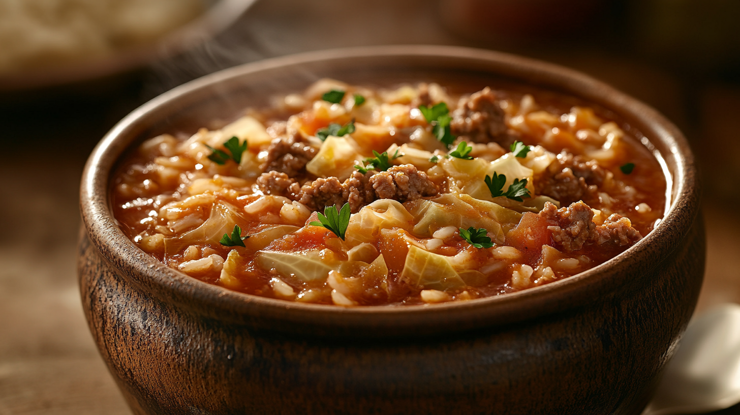 A bowl of homemade cabbage roll soup with beef and cabbage