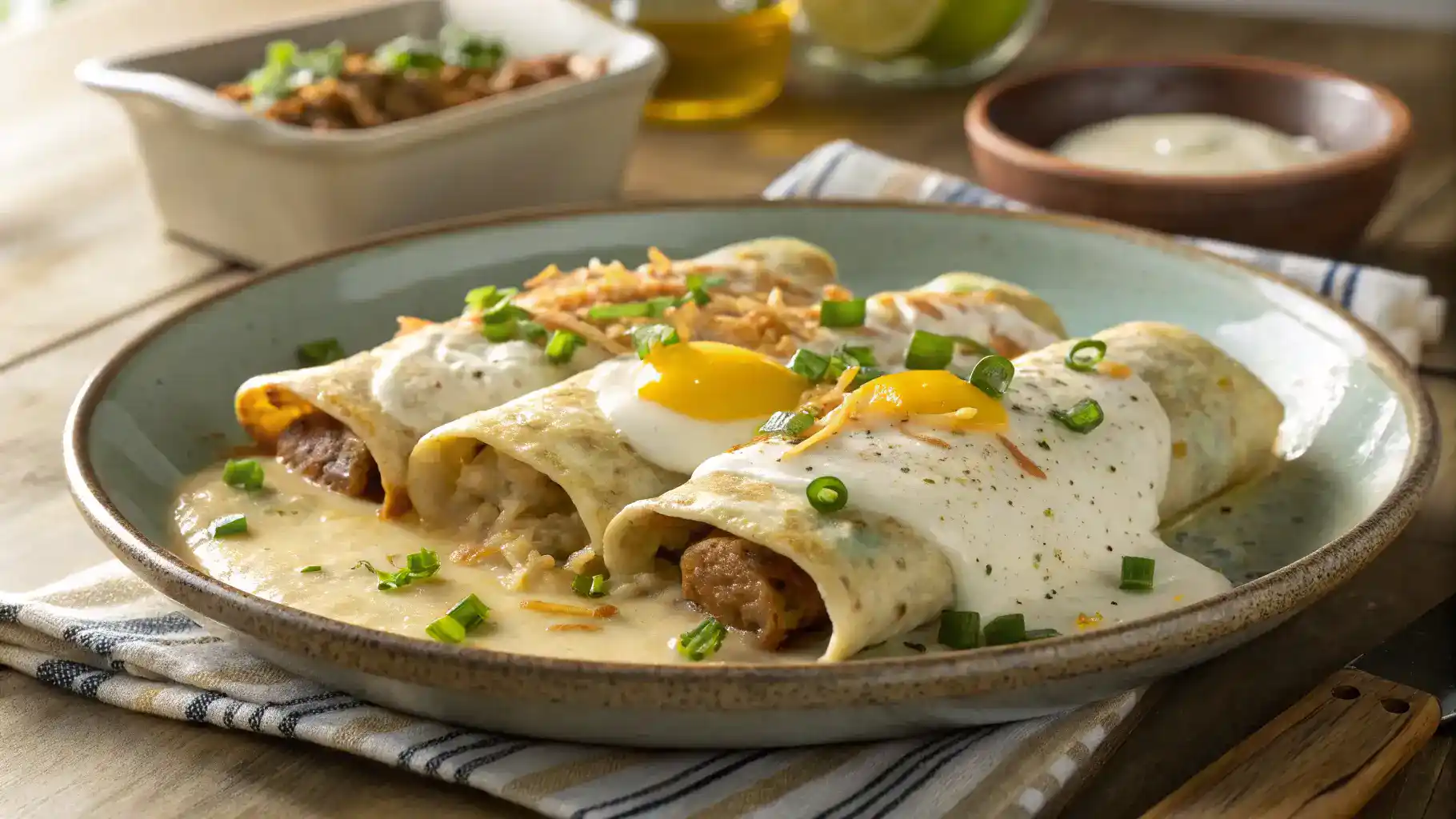 Southern breakfast enchiladas with sausage gravy on a plate