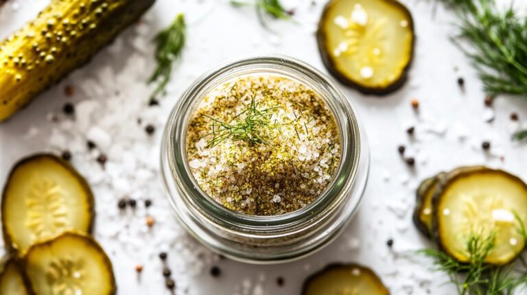 Homemade pickle salt in a jar with dried pickle slices