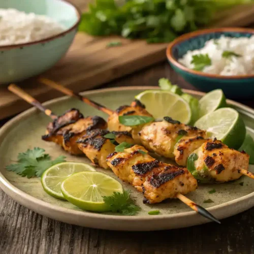 Grilled Thai Coconut Chicken Skewers with rice and lime