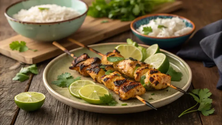 Grilled Thai Coconut Chicken Skewers with rice and lime