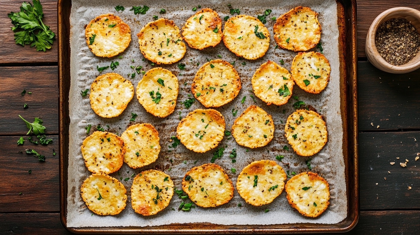Crispy keto cottage cheese chips on parchment