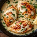 Cheesy garlic butter chicken skillet in cast iron pan