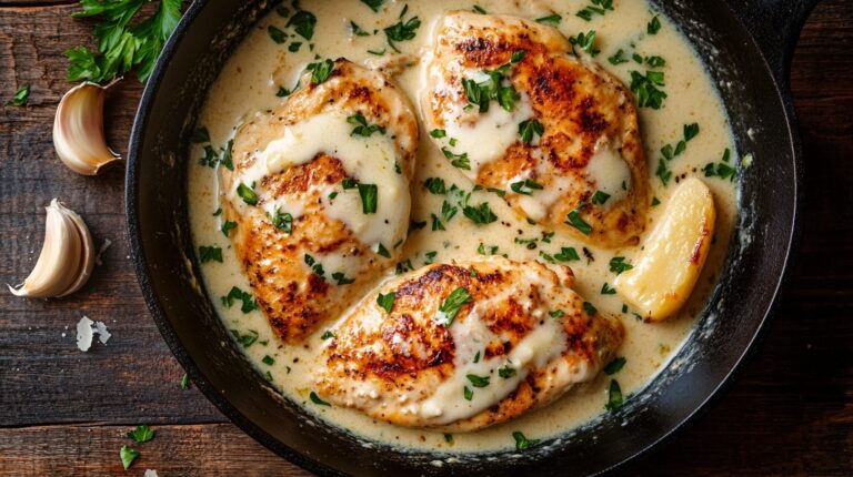 Cheesy garlic butter chicken skillet in cast iron pan