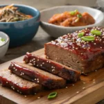 Sliced Korean BBQ meatloaf with sticky glaze and scallions
