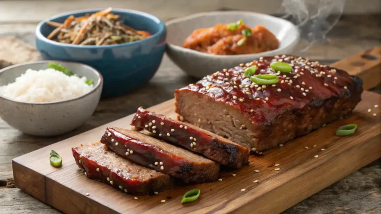 Sliced Korean BBQ meatloaf with sticky glaze and scallions