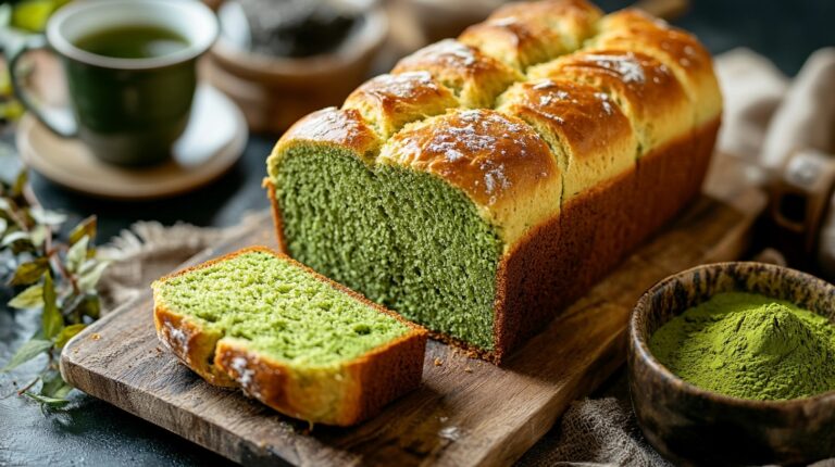 Fluffy matcha pan loaf sliced open on a wooden board
