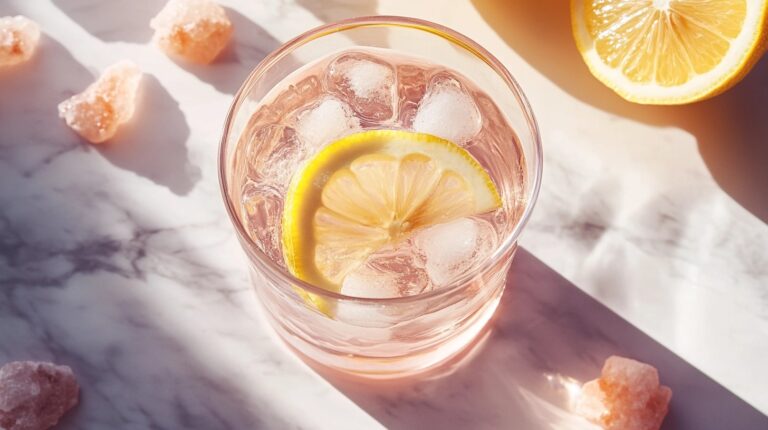 Glass of pink salt detox water with lemon and Himalayan salt