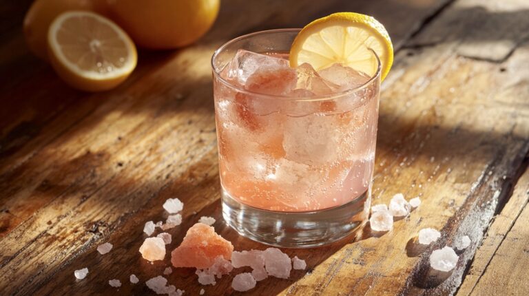 Glass of pink Himalayan salt water with lemon on a rustic table