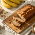 Moist buttermilk banana bread loaf on a wooden board with ingredients