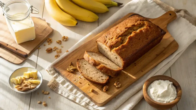 Moist buttermilk banana bread loaf on a wooden board with ingredients
