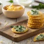 Golden spinach dip cheese crisps on wooden board