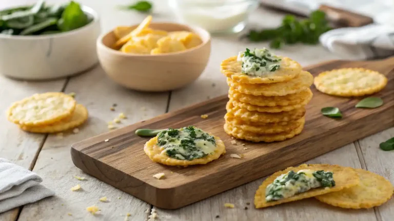 Golden spinach dip cheese crisps on wooden board