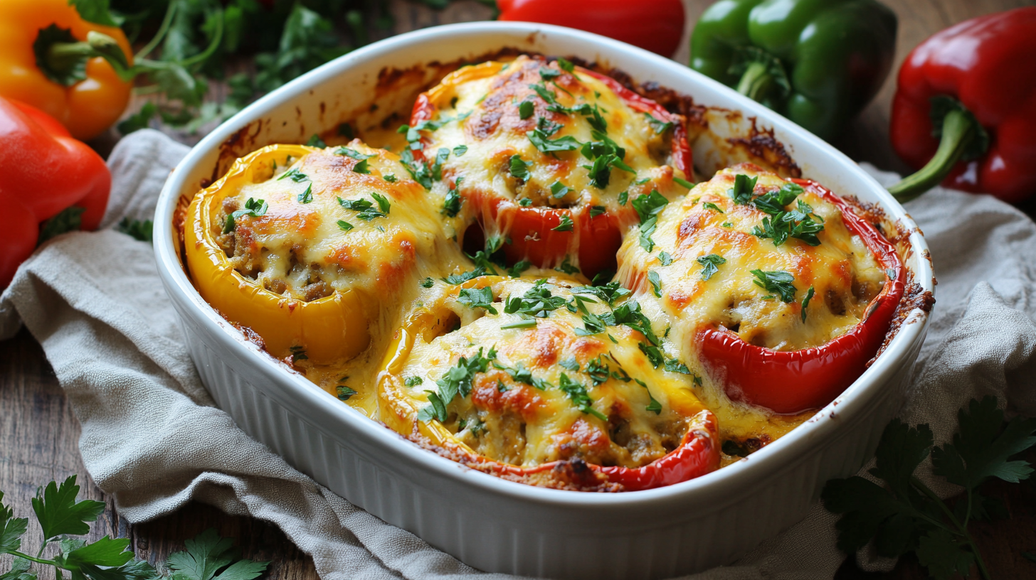 Overhead view of cheesy stuffed pepper casserole in baking dish