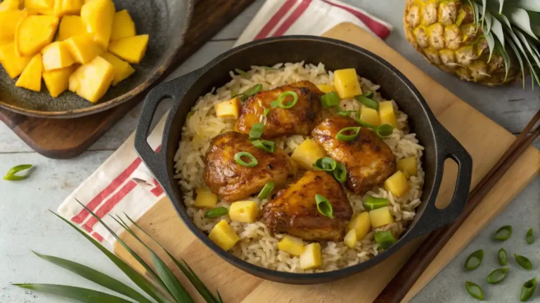 One-pan sweet and savory pineapple chicken and rice in a skillet