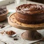 Moist chocolate layer cake with glossy frosting on wooden stand