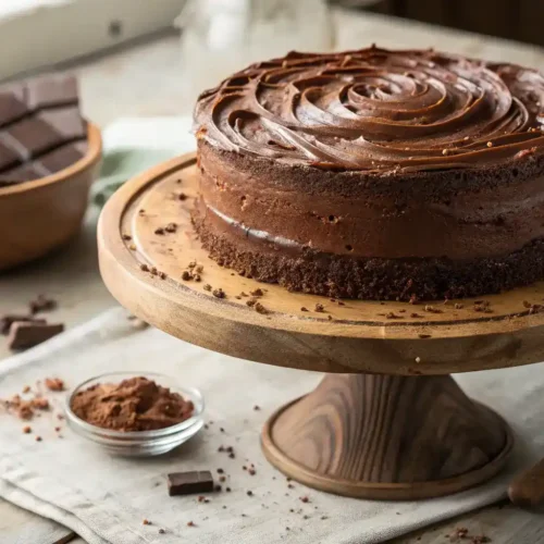 Moist chocolate layer cake with glossy frosting on wooden stand